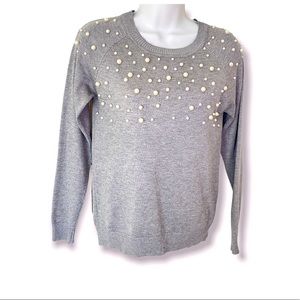 NWOT QED London Pearl embellished gray sweater pull over size S